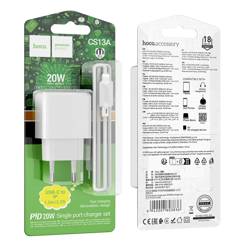Bộ sạc kèm dây C to iP Hoco CS13A Ocean PD20W (EU) thiết kế nhỏ gọn và tiện lợi