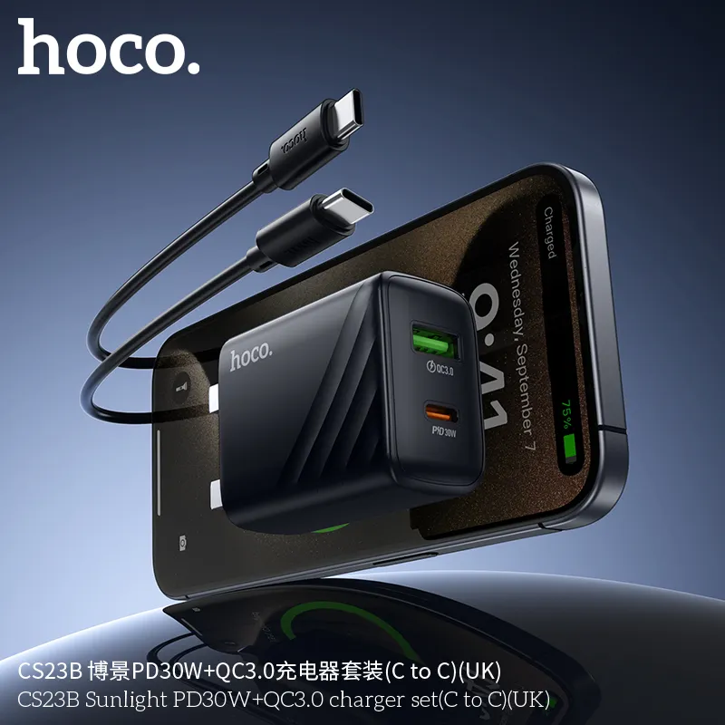 Bộ Sạc Kèm Dây C to C Hoco CS23B thiết kế nhỏ gọn màu trắng sang trọng
