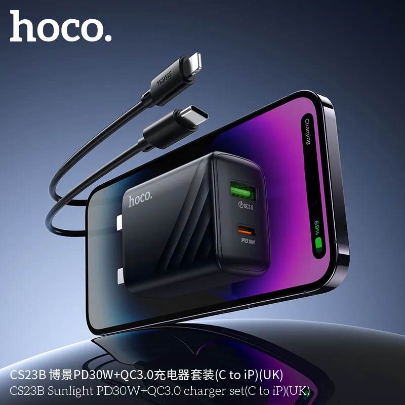 Bộ Sạc Kèm Dây C to iP Hoco CS23B Sunlight PD30W+QC3.0 (UK) thiết kế nhỏ gọn tiện lợi sạc nhanh an toàn
