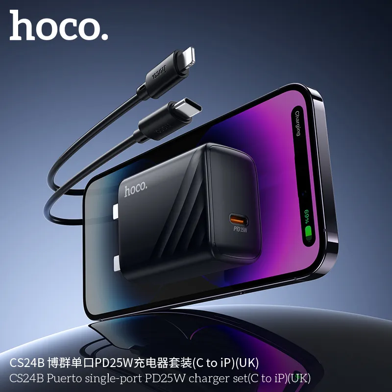 Bộ Sạc Kèm Dây C to iP Hoco CS24B Puerto PD25W (UK) thiết kế nhỏ gọn dễ mang theo