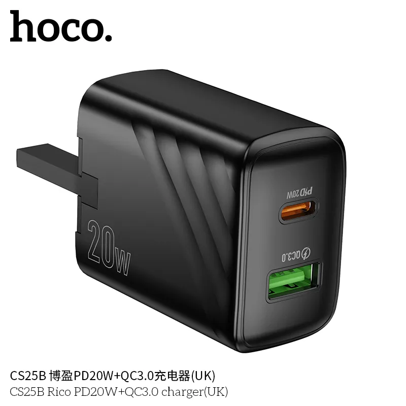 Củ Sạc PD20W+QC3.0 Hoco CS25B Rico (UK) tích hợp PD 20W và Quick Charge 3.0 tiện lợi