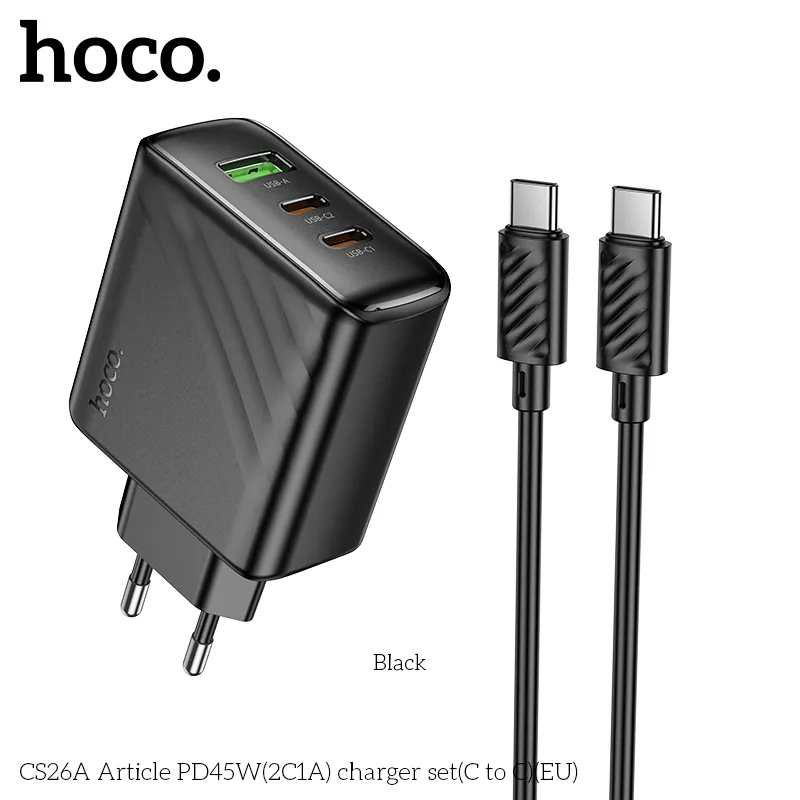 Bộ Sạc Kèm Dây C to C Hoco CS26B Article PD45W (UK) chất liệu ABS, thiết kế nhỏ gọn, công suất mạnh mẽ, sạc nhanh tiện lợi