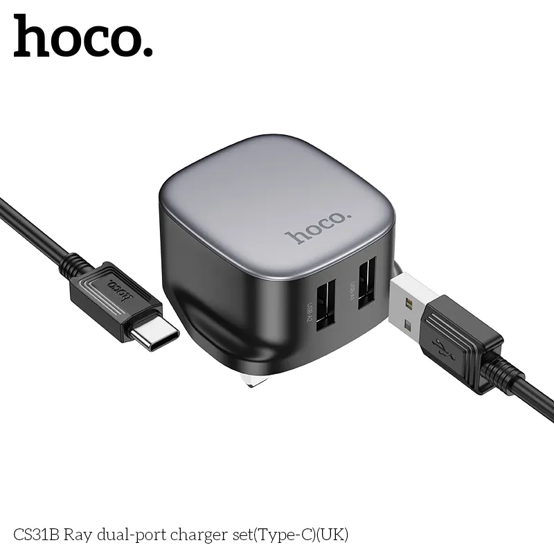 Bộ Sạc Kèm Dây Type-C Hoco CS31B Ray dual-port (UK) thiết kế nhỏ gọn, dễ dàng sử dụng