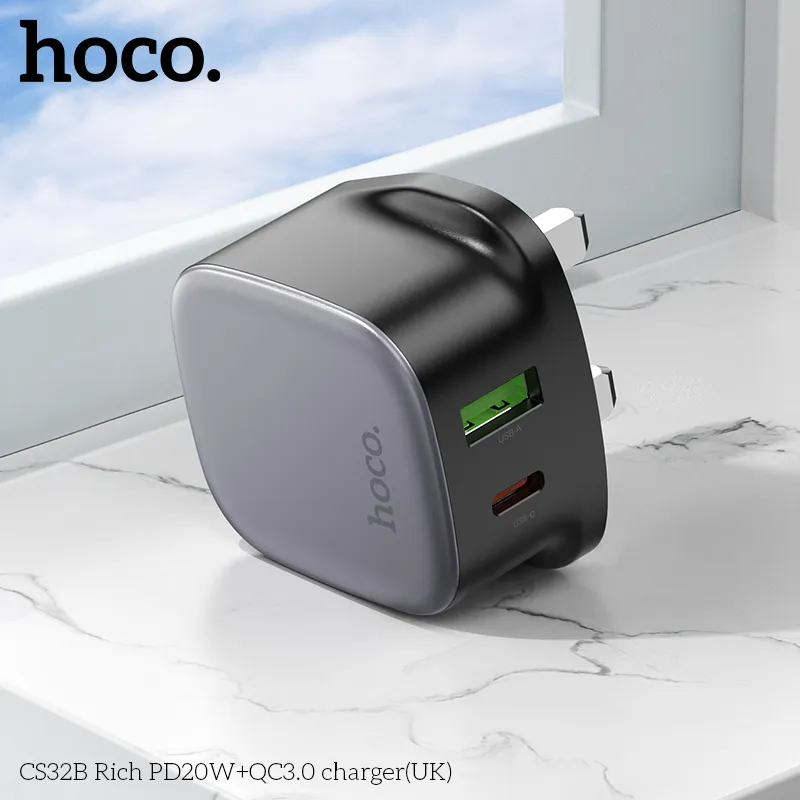 Thiết kế củ sạc PD20W+QC3.0 Hoco CS32B Rich (UK) phích cắm UK thời thượng