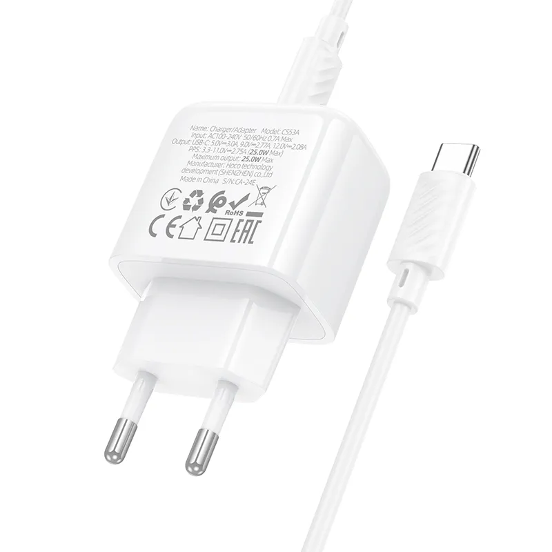 Kích thước nhỏ gọn 76x44x29mm dễ mang theo Bộ Sạc Kèm Dây C to C Hoco CS53A Surplus PD25W (EU) trọng lượng nhẹ 67g sử dụng chất liệu ABS bền bỉ