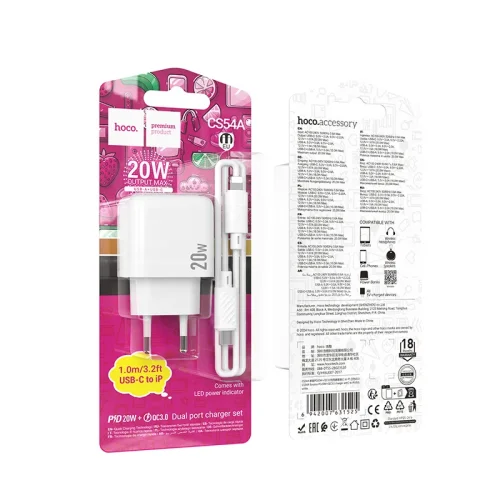 Bộ Sạc Kèm Dây C to iP Hoco CS54A Surplus PD20W+QC3.0 (EU)