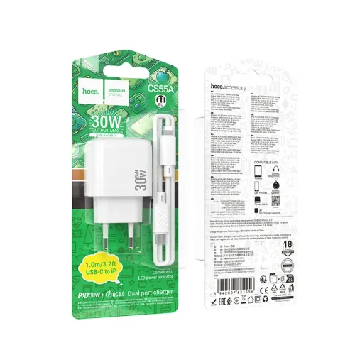 Bộ Sạc Kèm Dây C to iP Hoco CS55A Surplus PD30W+QC3.0 (EU)