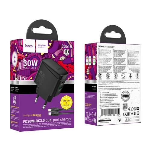 Bộ Sạc Kèm Dây C to iP Hoco CS61A Bright PD30W+QC3.0 (EU)
