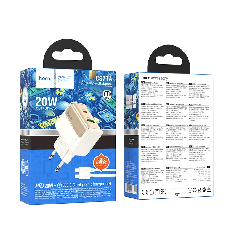 Bộ Sạc Kèm Dây C to C Hoco CS71A Star Speed PD20W+QC3.0 (EU) thiết kế nhỏ gọn, màu trắng sang trọng