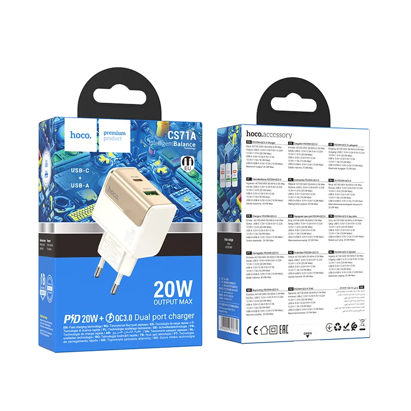 Củ sạc PD20W+QC3.0 Hoco CS71A Star Speed (EU) với thiết kế nhỏ gọn, màu trắng tinh tế dễ dàng sử dụng