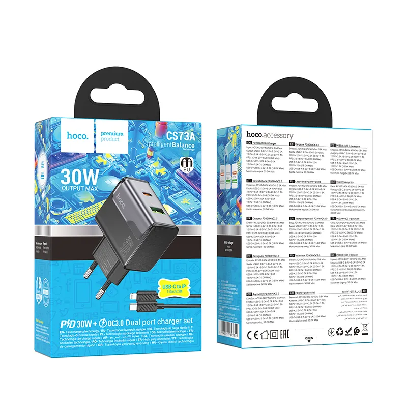 Bộ Sạc Kèm Dây C to iP Hoco CS73A Star Speed PD30W+QC3.0 (EU) thiết kế nhỏ gọn và hiện đại