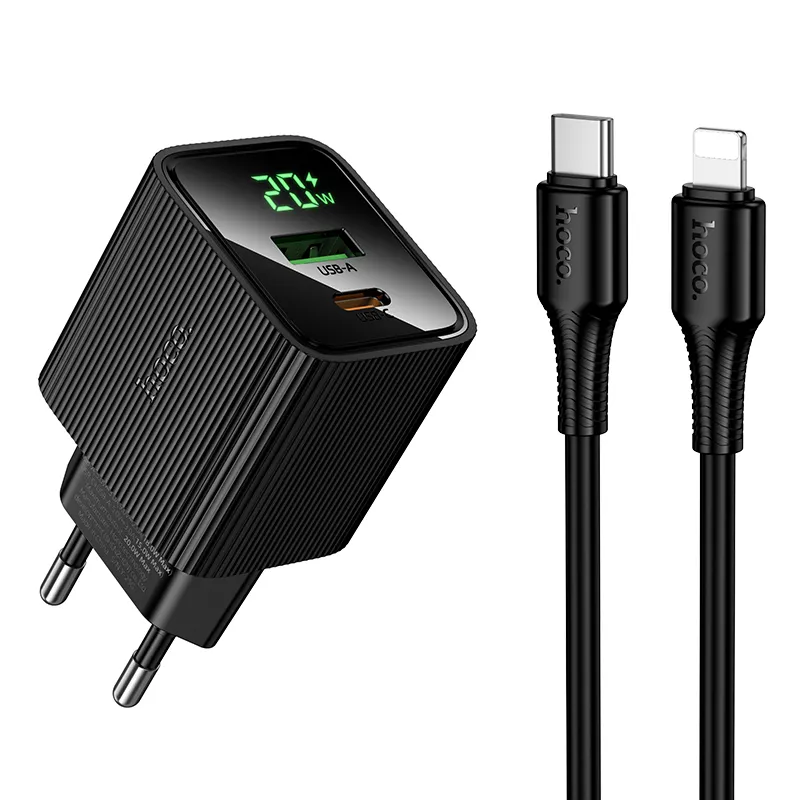 Bộ Sạc Kèm Dây C to iP Hoco CS83A Excellent PD20W+QC3.0 thiết kế hiện đại màn hình kỹ thuật số EU