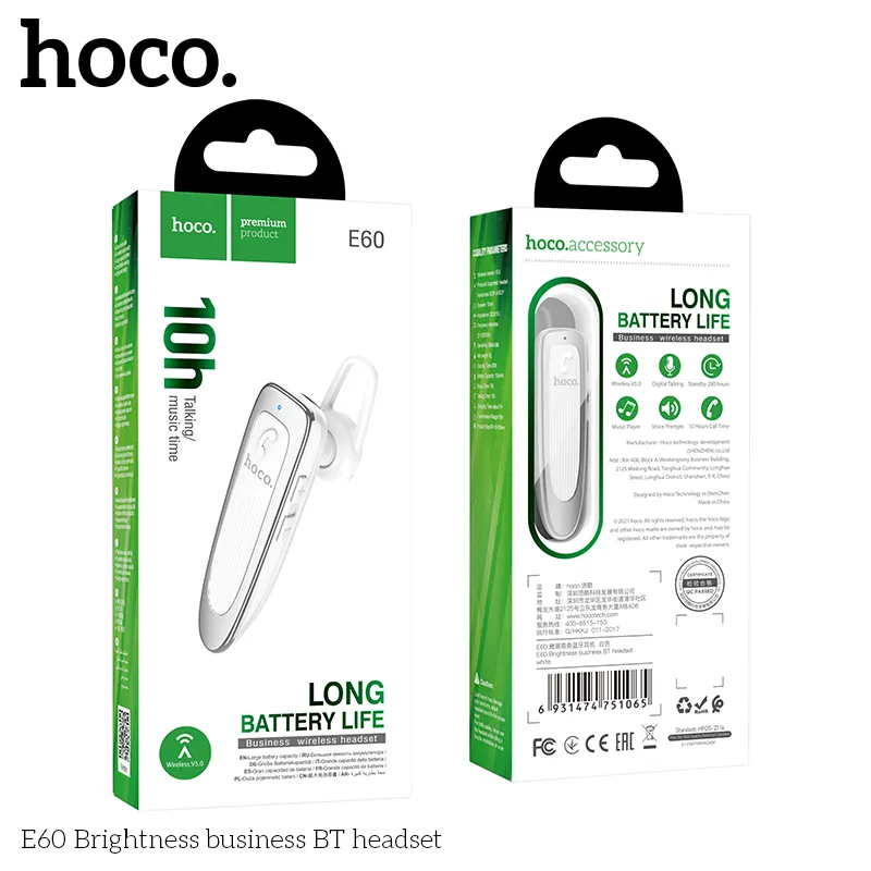 Tai nghe Bluetooth 1 tai Hoco E60 Brightness đóng gói đầy đủ, phụ kiện kèm theo tiện lợi