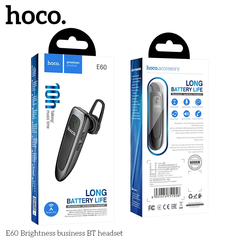 Tai nghe Bluetooth 1 tai Hoco E60 Brightness kích thước 67×16×28mm, trọng lượng 8g nhẹ nhàng dễ dùng