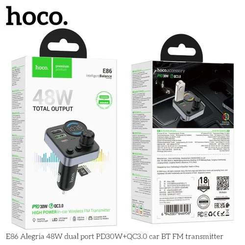 Tẩu Sạc Bluetooth Hoco E86 Alegria 48W Dual PD30W+QC3.0 FM Transmitter