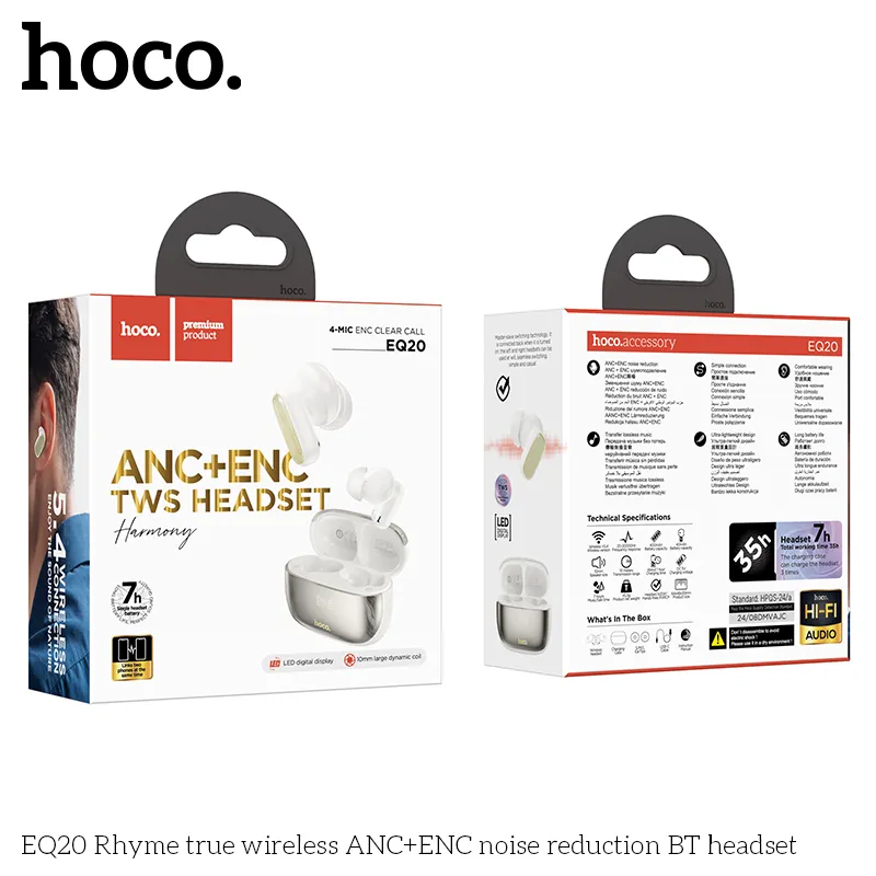 Tai nghe Bluetooth TWS Hoco EQ20 – Rhyme thiết kế hiện đại màu đen bóng