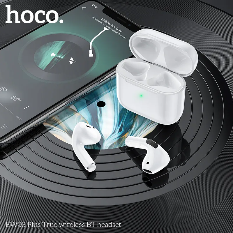 Đóng gói tai nghe Hoco EW03 Plus kèm hộp sạc 200mAh và cáp sạc USB