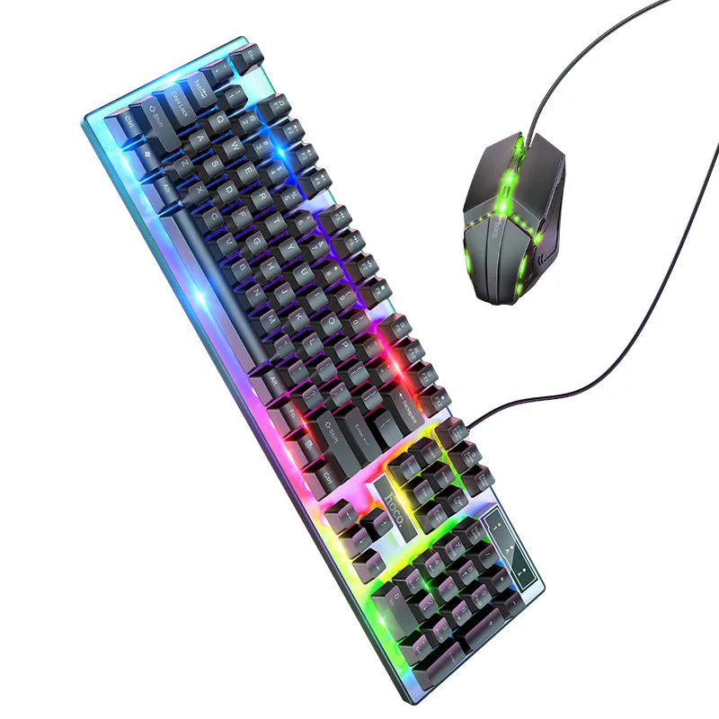 Thiết kế bàn phím màng với keycap chữ trắng in lụa bền, chuột ABS vừa tay cầm