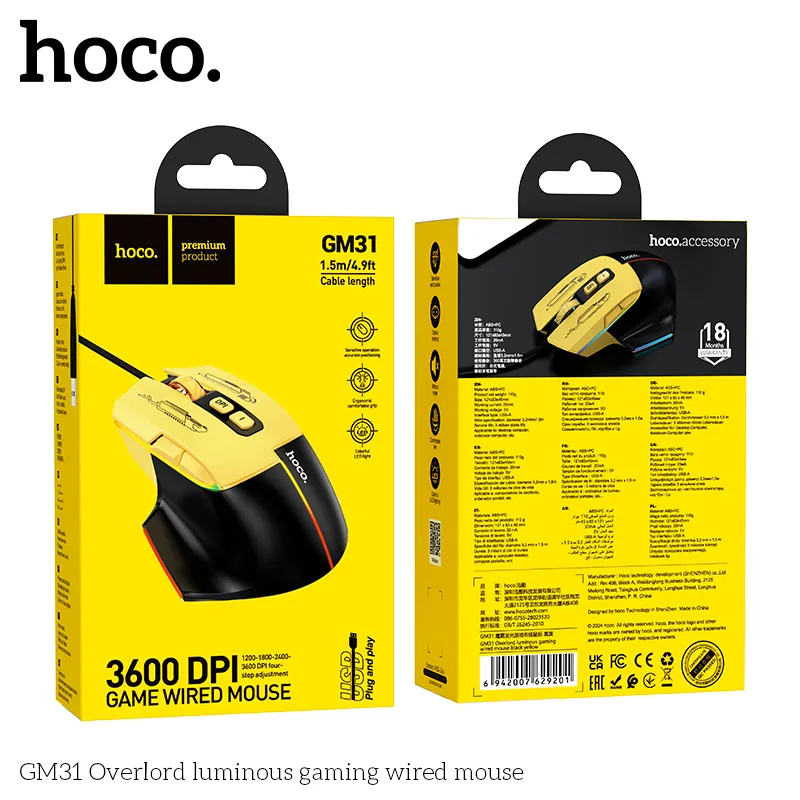 Kích thước Chuột Có Dây Hoco GM31 Overlord: 121x83x45mm trọng lượng 110g tiện dụng