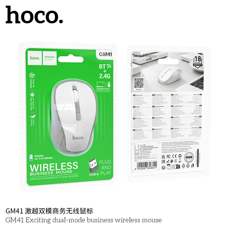 Chuột Không Dây Hoco GM41 Exciting Dual-mode thiết kế hiện đại, Chuột Không Dây Hoco GM41 Exciting Dual-mode chất liệu ABS bền bỉ, Chuột Không Dây Hoco GM41 Exciting Dual-mode kết nối 2.4G và Bluetooth tiện lợi, Chuột Không Dây Hoco GM41 Exciting Dual-mode trải nghiệm mượt mà đa chế độ, Chuột Không Dây Hoco GM41 Exciting Dual-mode thương hiệu Hoco uy tín, Chuột Không Dây Hoco GM41 Exciting Dual-mode DPI đa cấp 800-1600, Chuột Không Dây Hoco GM41 Exciting Dual-mode đóng gói nhỏ gọn, Chuột Không Dây Hoco GM41 Exciting Dual-mode kích thước 99x57x38mm chuẩn ergonomic