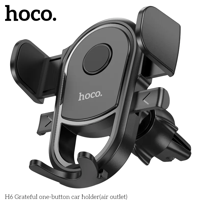 Tính năng chi tiết Giá Đỡ Ô Tô Hoco H6 Grateful One-button (Air Outlet) gồm chất liệu ABS + silica gel bền bỉ, chống trơn trượt
