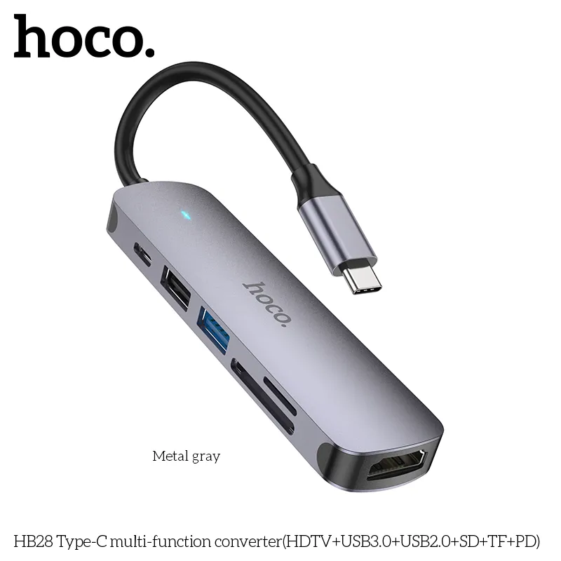 Bộ Chuyển Đổi Hoco HB28 Type-C đa chức năng với HDMI, USB3.0, USB2.0, SD, TF và PD