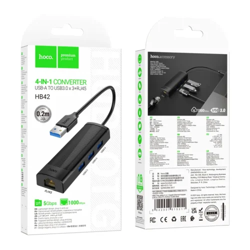 Bộ Chuyển Đổi Hoco HB42 Easy safety 4-in-1 Gigabit Ethernet Adapter USB to USB3.0*3+RJ45 L=0.2M