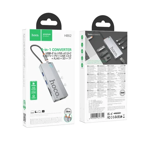 Bộ Chuyển Đổi Hoco HB52 Wow 8-in-1 multi-function converter HDTV+RJ45+SD/TF+PD+Type-C3.0+USB3.0*2