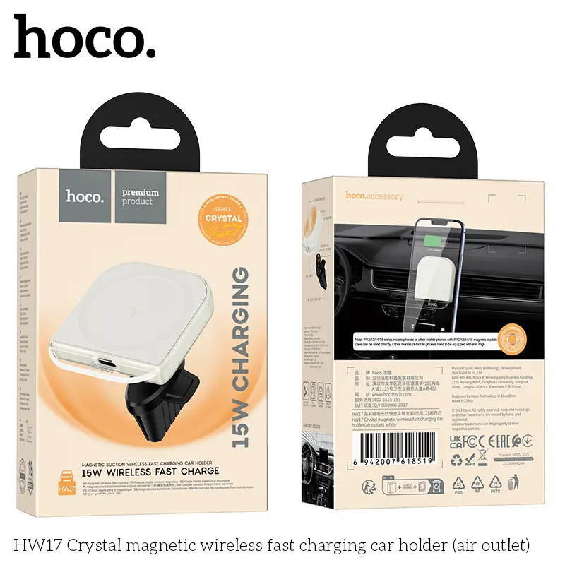 Giá đỡ ô tô Hoco HW17 Crystal tích hợp sạc không dây công suất 15W, hỗ trợ đa điện thoại