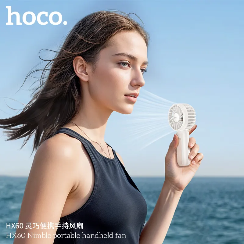 Đóng gói quạt Hoco HX60 gồm thân máy, cáp sạc tiện lợi, hộp bảo vệ