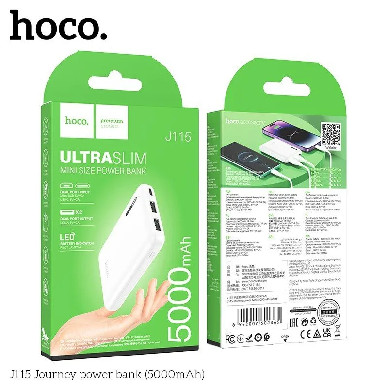 Kích thước 95x64x15mm pin dự phòng Hoco J115 trọng lượng nhẹ