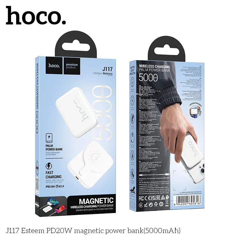 Kích thước 93x66x13mm siêu nhẹ 123g dễ mang theo Pin Dự Phòng Hoco J117 Esteem PD20W nam châm 5000mAh sạc nhanh PD20W tiện lợi