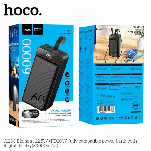 Pin Dự Phòng Hoco J123C Element 22.5W+PD20W tương thích đầy đủ kèm màn hình kỹ thuật số 60000mAh