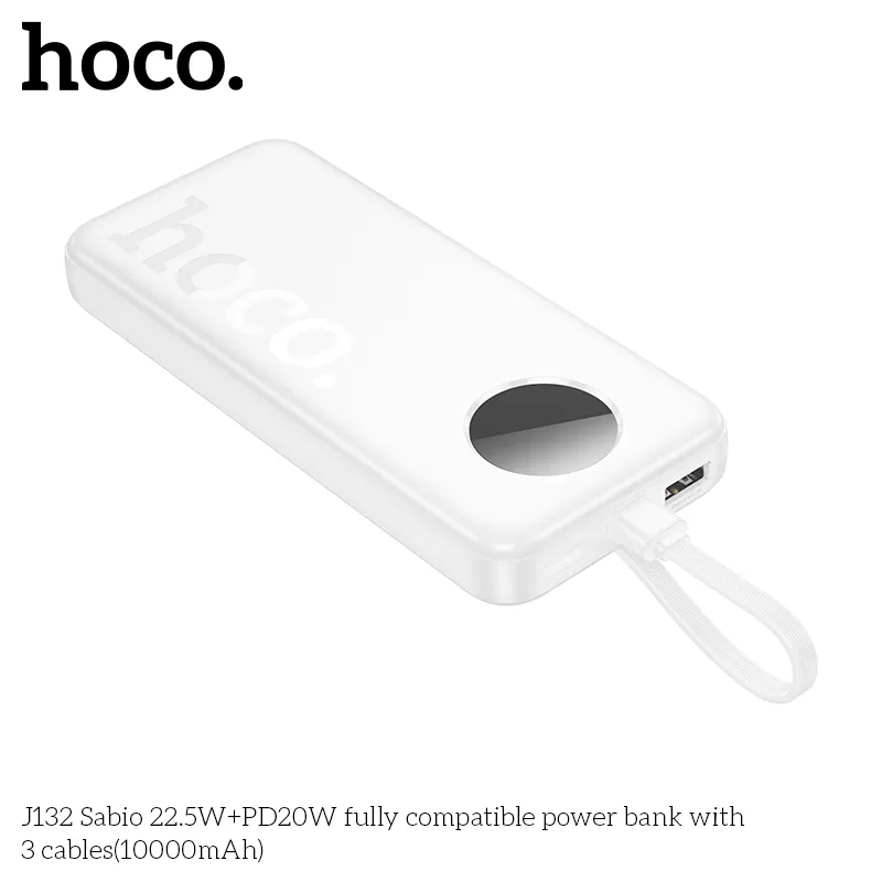 Pin Dự Phòng Hoco J132 Sabio 22.5W+PD20W tương thích đầy đủ kèm 3 cáp 10000mAh thiết kế nhỏ gọn dễ cầm tay