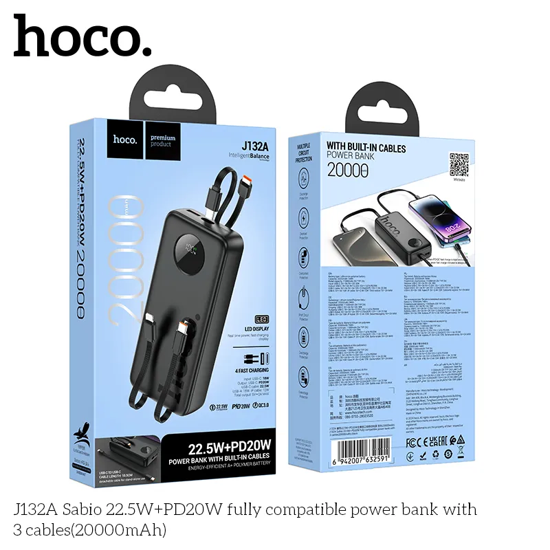 Pin dự phòng Hoco J132A Sabio 22.5W+PD20W dung lượng 20000mAh cao cấp