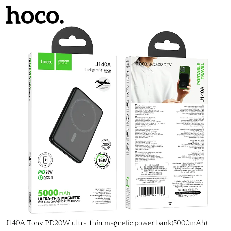 Pin Dự Phòng Hoco J140A Tony PD20W nam châm siêu mỏng 5000mAh thiết kế sang trọng, nhẹ