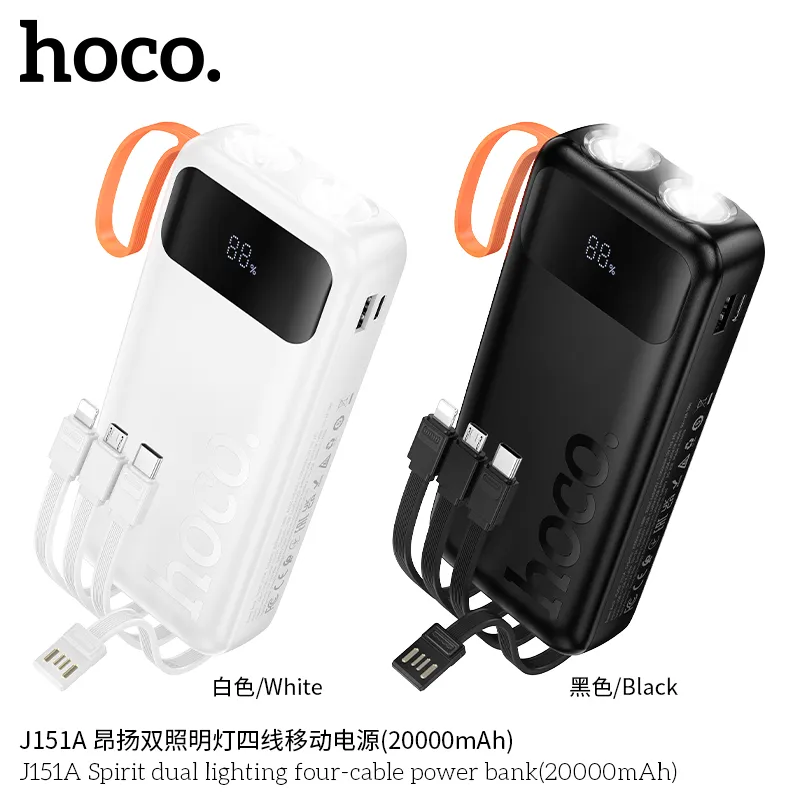 Pin Dự Phòng Hoco J151A Spirit Dual kèm đèn và 4 cáp 20000mAh thiết kế hiện đại, màu sắc trang nhã
