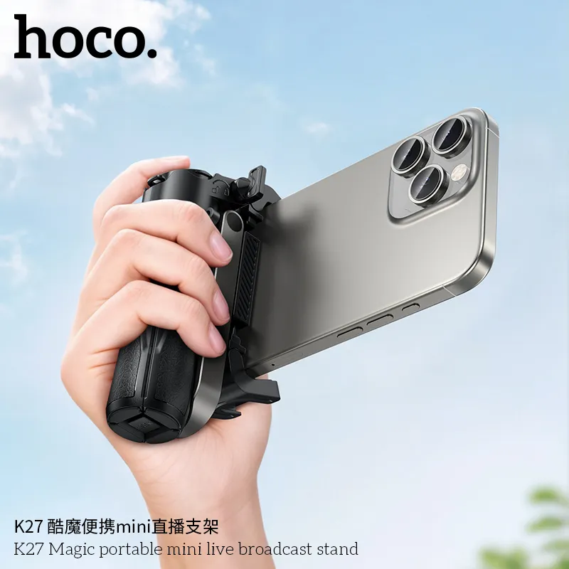 Gậy Tự Sướng Hoco K27 Magic mini di động đóng gói đầy đủ phụ kiện, bao bì tiện lợi dễ mang theo
