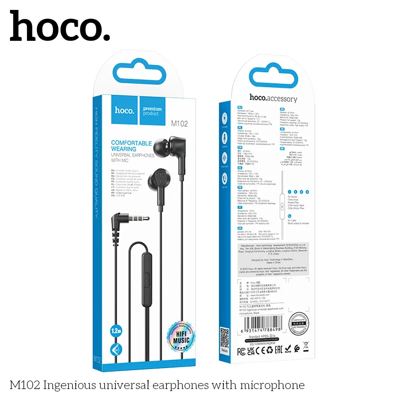 Tai nghe có dây 3.5mm Hoco M102 thiết kế thời trang, chất liệu ABS+TPE bền bỉ