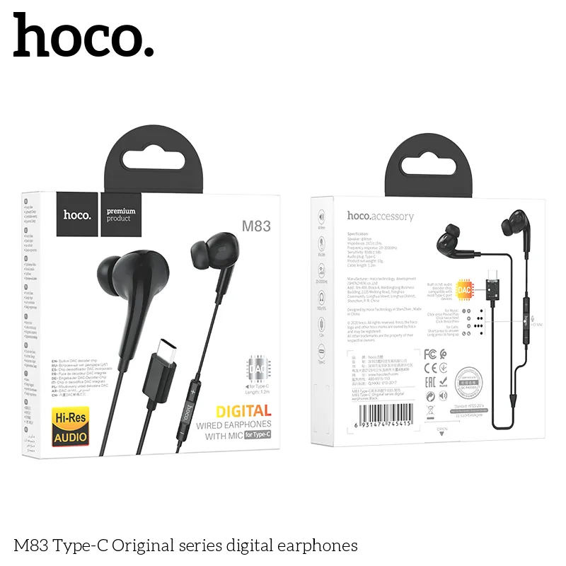 Kích thước tai nghe Hoco M83 nhỏ gọn, trọng lượng chỉ 13g, dây dài 1.2m tiện dụng
