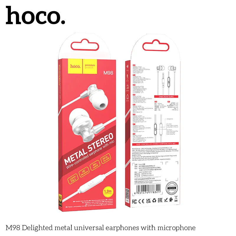 Kích thước tai nghe Hoco M98 nhỏ gọn, cáp dài 1.2m, trọng lượng nhẹ 12g