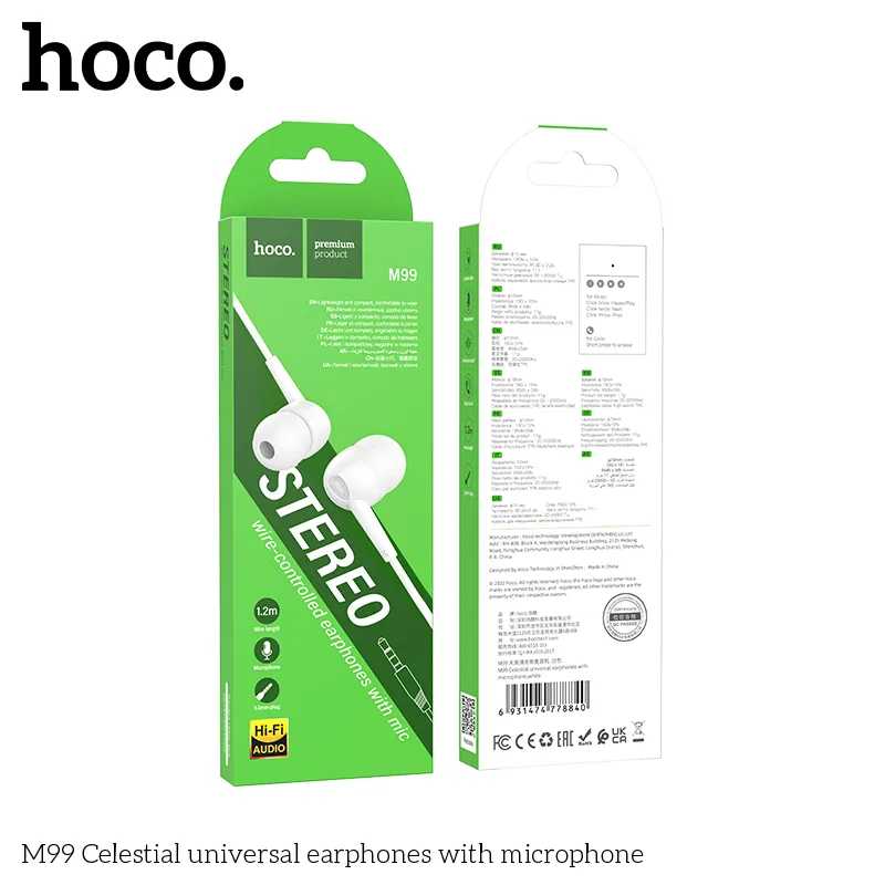 Kích thước tai nghe Hoco M99 nhẹ 11g, cáp dài 1.2m thuận tiện