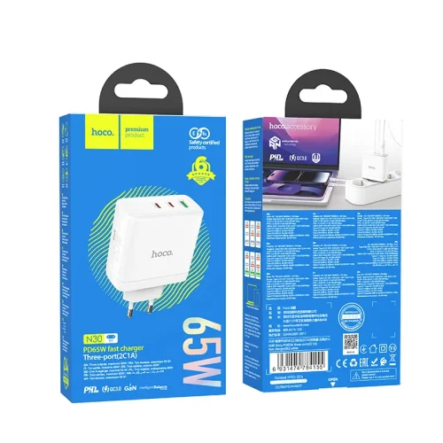 Củ Sạc PD65W GaN Hoco N30 Glory 3 cổng nhanh (EU)