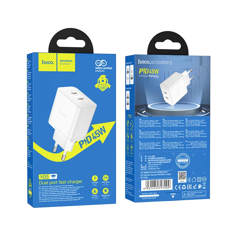 Củ Sạc PD45W GaN Hoco N35 Streamer (EU) kích thước 82x45x29mm nhỏ gọn trọng lượng 82g tiện lợi mang theo