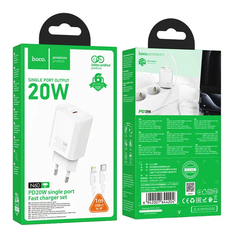 Bộ Sạc Kèm Dây C to iP Hoco N60 Gentle PD20W thiết kế nhỏ gọn sạc nhanh an toàn