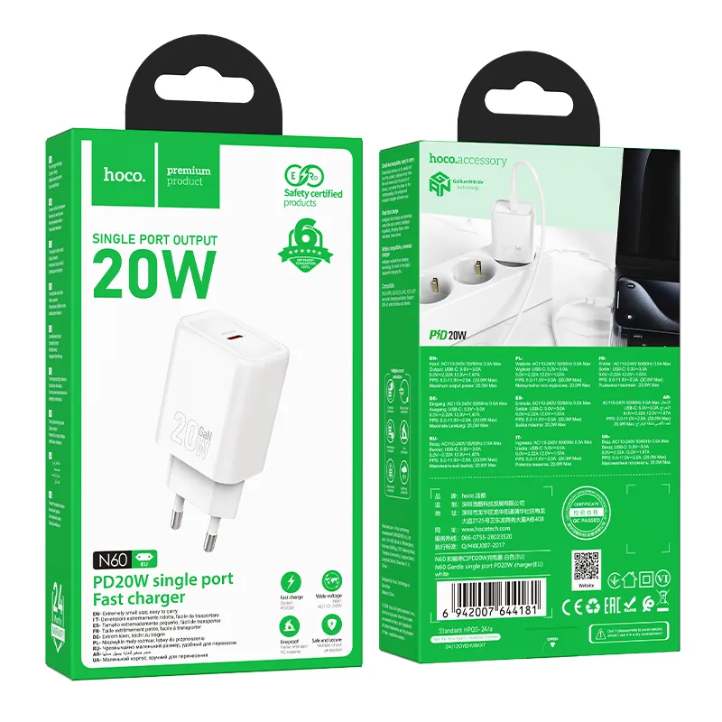 Củ sạc PD20W Hoco N60 Gentle EU thiết kế nhỏ gọn tiện lợi cho sạc nhanh an toàn