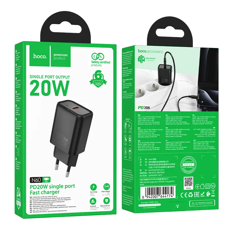 Thiết kế tinh tế củ sạc PD20W Hoco N60 Gentle EU màu trắng bóng, phích cắm EU