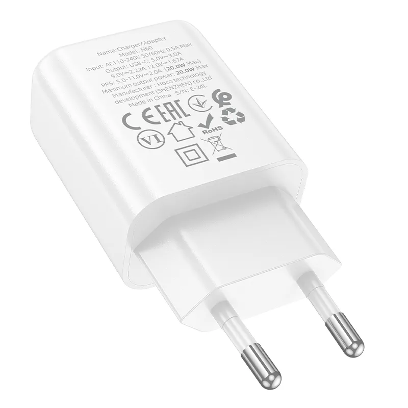 Kích thước củ sạc PD20W Hoco N60 Gentle EU nhỏ gọn 83x39.5x26.5mm trọng lượng 48g