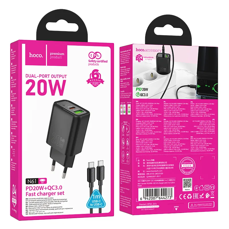 Bộ sạc Hoco N61 Gentle với thiết kế tinh tế và lớp vỏ PC chống cháy bền bỉ