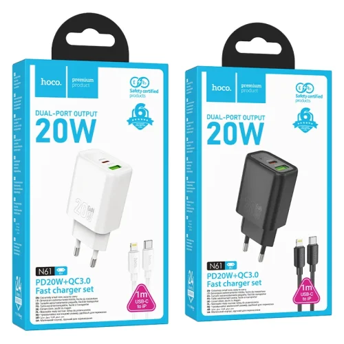 Bộ Sạc Kèm Dây C to iP Hoco N61 Gentle PD20W+QC3.0 (EU)